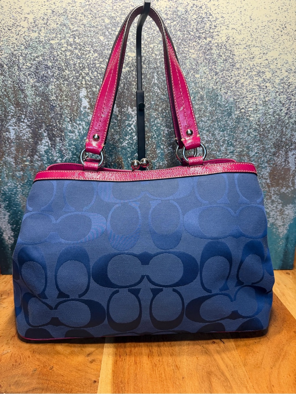 Coach Barbiecore Kisslock Y2K 2010 Laura Signature Carryall Navy Fuchsia Tote - Picture 4 of 14